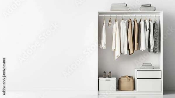 Obraz Men’s wardrobe with white shirts neatly hanging in the closet. Clothes and boxes are organized with space for text.