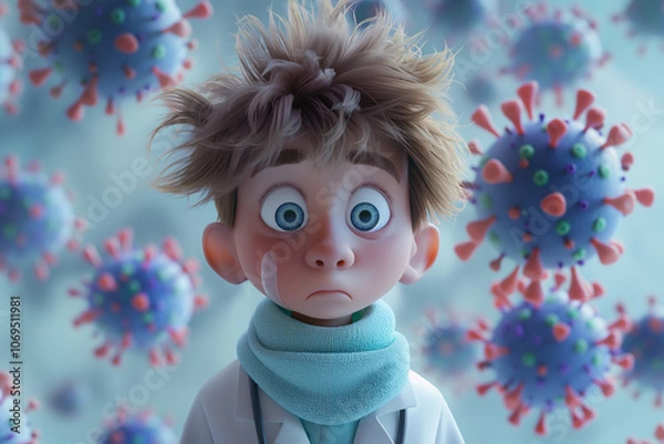 Obraz Cute cartoon style illustration of a doctor with a stethoscope checking his pulse, feeling sick, doctors in the hospital have germs floating in the air, 3D