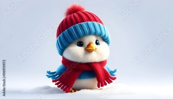 Fototapeta fluffy plush chick in winter attire isolated on white backdrop
