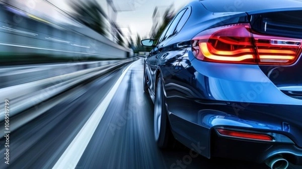 Fototapeta Rear view of a blue Business car at high speed in turns, AI generated image