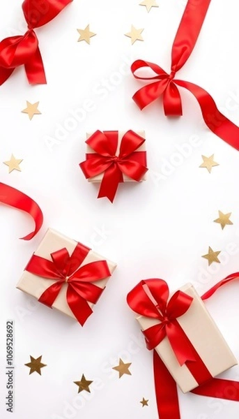 Fototapeta Elegant Flat Lay of Gifts with Red Ribbons and Golden Stars on a White Background Ideal for Holiday or Celebration Themes