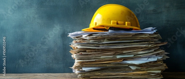Obraz yellow hard hat rests on stack of project documents, symbolizing construction and planning. scene conveys sense of organization and readiness for work