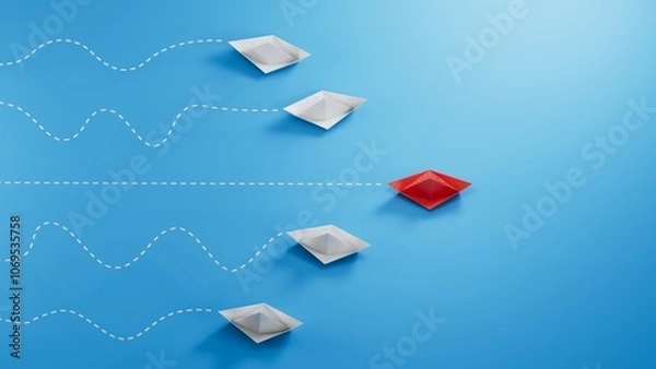 Fototapeta Individual red leader paper boat lead other. Business and leaderboat concept. 3D illustration.3D rendering on blue background.