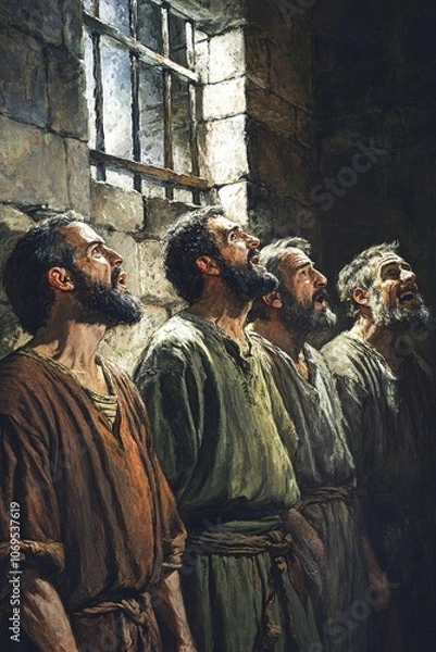Fototapeta A dramatic scene of Paul and Silas singing hymns in a prison cell at midnight, as a miraculous earthquake opens the prison doors and sets them free, with fellow prisoners watching in astonishment.

