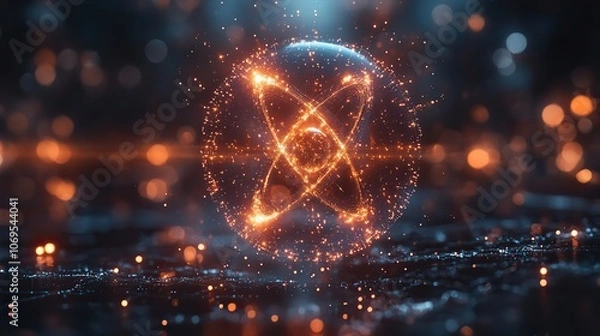 Fototapeta A futuristic concept highlights nanotechnology in science, focusing on atomic structure within a sophisticated technological background.
