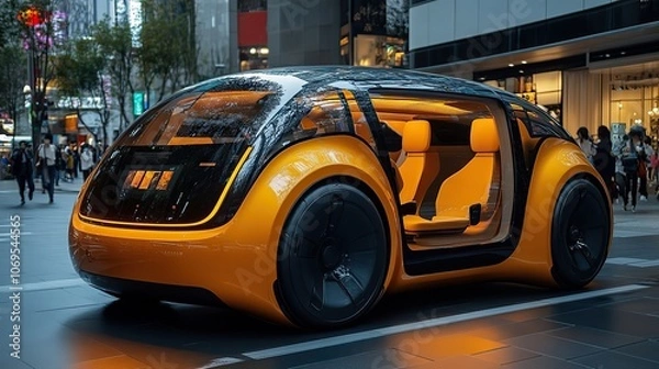 Obraz A futuristic self-driving car, holographically shown, features touch and motion sensors for enhanced safety.