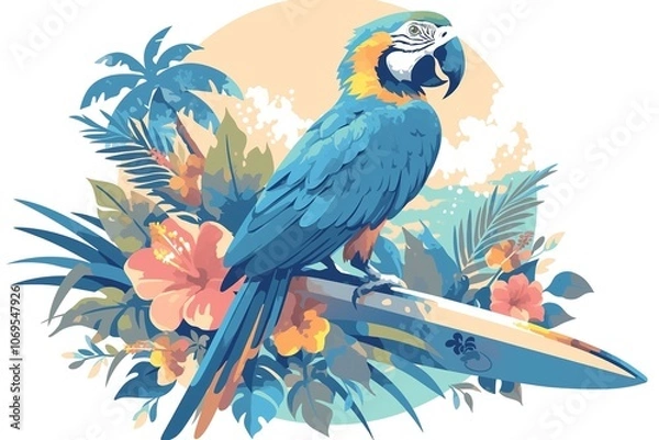 Fototapeta A vibrant parrot perched on a surfboard, surrounded by tropical plants and flowers.
