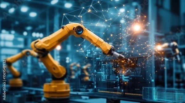 Fototapeta An industrial smart factory 4.0 concept utilizing heavy automation robot arms