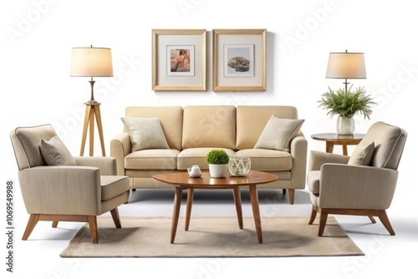 Fototapeta Modern Beige Furniture Set for Interior Design Decor - Sofa, Armchair, Table, Lamp, Picture Frame, and Flowerpot Isolated on  Background for Stylish Room Ideas