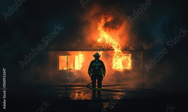 Fototapeta Brave firefighter facing a blazing house fire. Generative AI image
