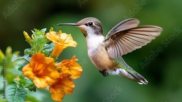 Fototapeta The ruby throated hummingbird darts through the air with unparalleled grace, its iridescent feathers shimmering in the sunlight as it delicately sips nectar from the vibrant orange flowers