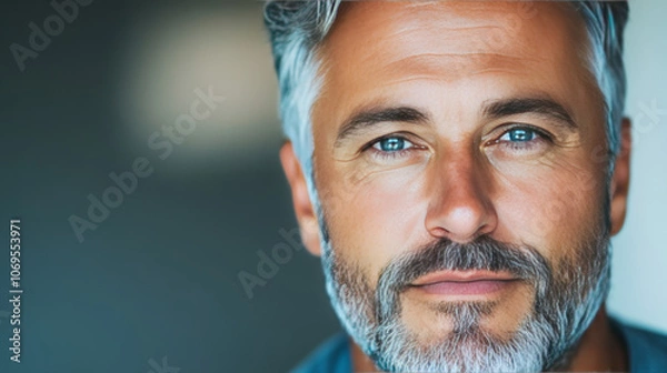 Fototapeta Close-up portrait of a middle-aged man with graying hair and beard, looking directly at the camera.