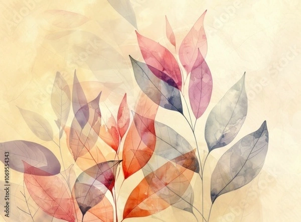 Fototapeta Abstract leaves, watercolor design, soft colors, nature background Delicate artwork featuring translucent leaves in shades of pink, orange, and gray against a warm beige backdrop