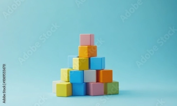 Obraz Colorful building blocks arranged in a pyramid shape on a light blue background, showcasing creativity and playfulness