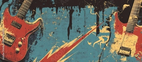 Fototapeta Classic rock band-inspired design with guitars, lightning bolts, and retro fonts, bold colors, distressed look, vintage rock and roll style, energetic and edgy"