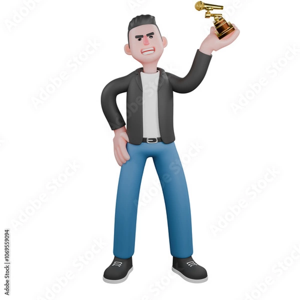 Fototapeta Animated Music Character in 3D. A male musician is standing with his left hand his left hand raises the trophy and his right hand is on his waist. Musik Star