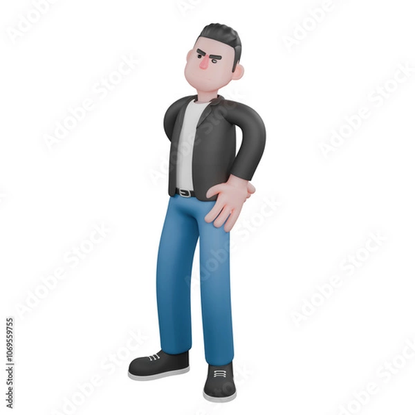 Fototapeta Musician Character in 3D Style. A male musician is standing facing right while his left hand is on his waist and his right hand is behind his body. 3D Music Performer