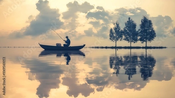Obraz A Fisherman Casts His Line at Dusk Embracing Tranquility on a Serene Lake