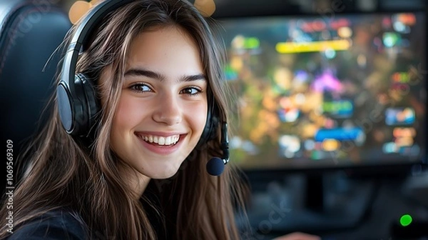 Obraz The image shows a young woman with long brown hair, wearing a headset, sitting in front of a computer screen