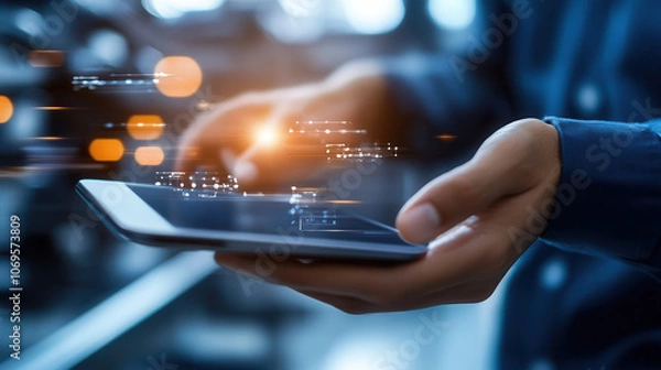 Fototapeta person using tablet in industrial setting, showcasing technology and innovation. scene conveys sense of modernity and efficiency in workplace