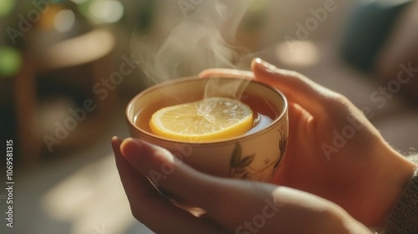 Obraz On a cold evening, someone relaxes with a soothing cup of tea adorned with lemon slices, nestled by a warm, glowing fireplace. The ambiance radiates comfort and tranquility.