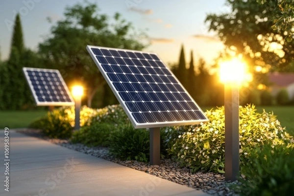 Obraz Two solar panels are on a sidewalk next to a bush