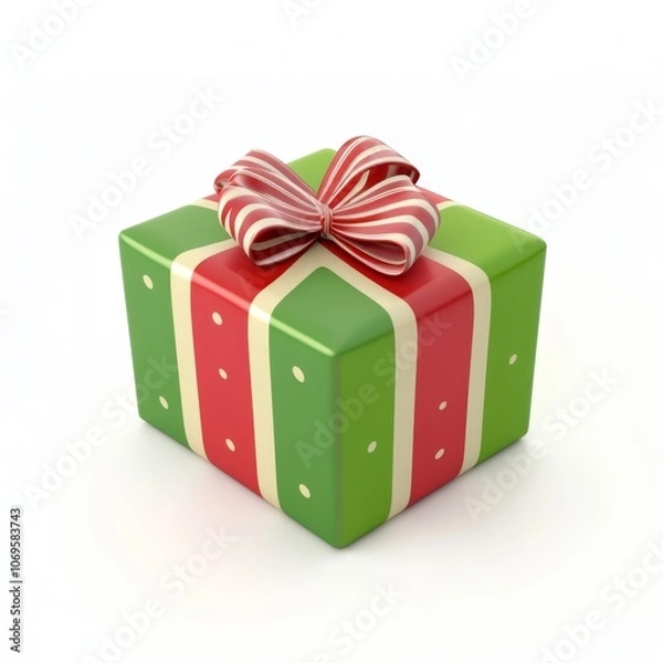 Obraz Cheerful 3D Cartoon Gift Box in Festive Christmas Colors and Ribbon on White Background