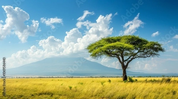Fototapeta A large tree stands in a field of tall grass
