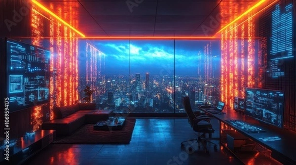 Fototapeta modern cyberpunk office interior with neon lights and technology overlays, creating a futuristic workspace that enhances corporate strategy through dynamic elements and a vibrant color scheme