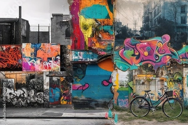 Fototapeta Experimental Collage of Vibrant Street Art and Aged Photographs with Bold Graffiti Textures and Dynamic Layers