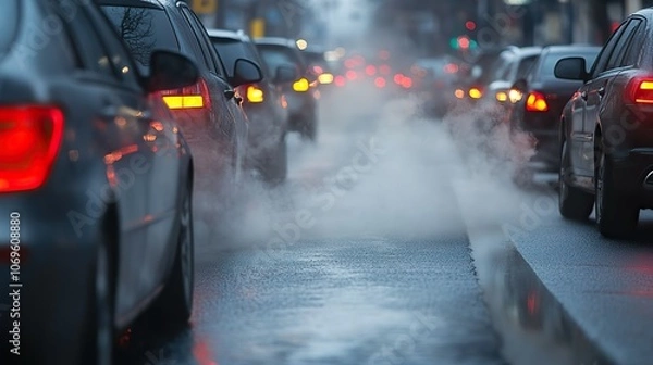 Obraz Air pollution from cars in heavy traffic highlights efforts to reduce CO2 and combat global warming.