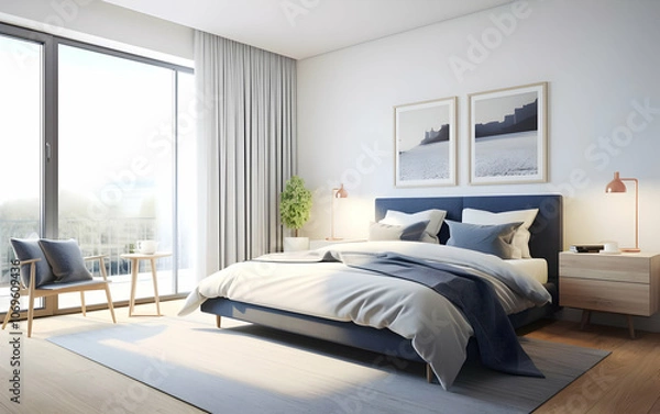 Obraz A modern, serene bedroom with natural light, minimalist decor, and cozy furnishings.