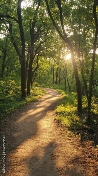 Fototapeta Sunlit forest path with trees and green foliage at sunset, serene nature walk concept