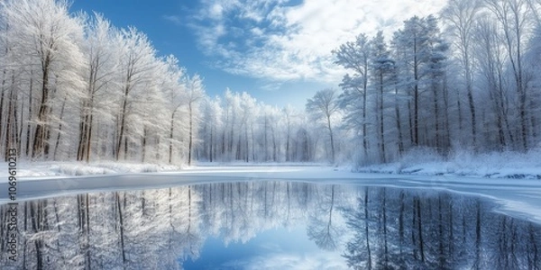 Fototapeta Serene winter landscape with frosted trees, a frozen lake, and calm skies. AI generated
