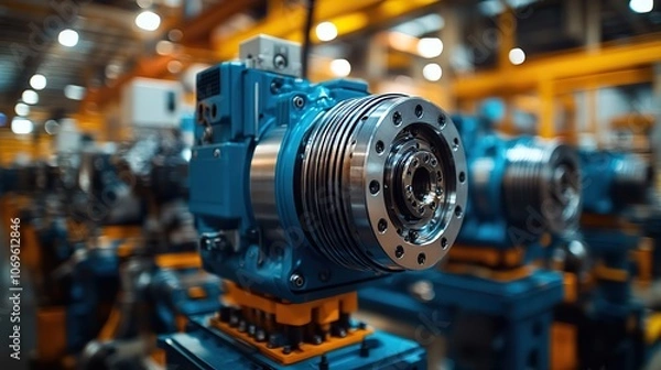 Obraz An electric servo motor undergoes repair in a factory setting, with close-up shots of various motors, emphasizing the technical expertise required in industrial machine maintenance.