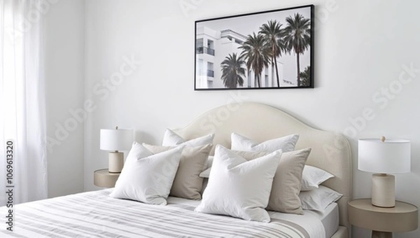 Fototapeta modern, minimalist bedroom with a soft, neutral color palette. The room features a neatly made bed with a curved, upholstered headboard in a light cream color. 