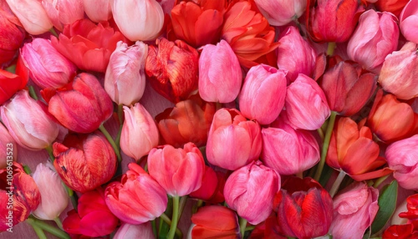 Fototapeta 赤とピンク色のチューリップの花が敷き詰められた背景