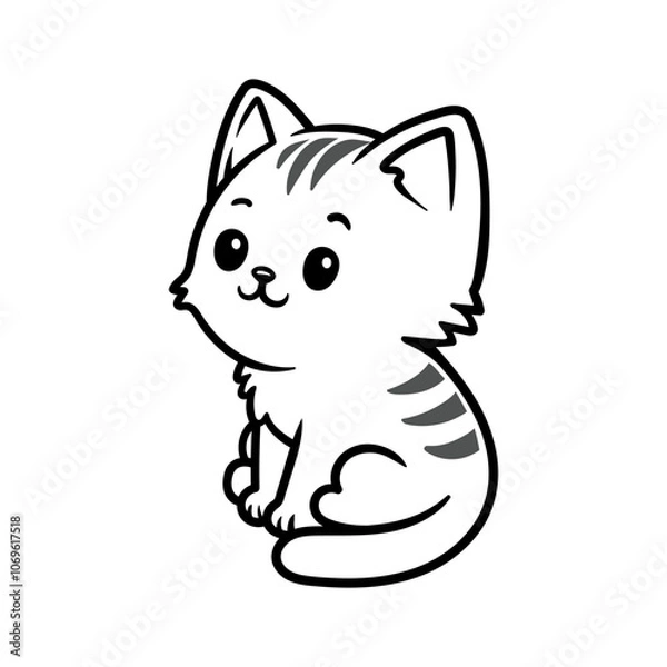 Fototapeta fun cute cat kitty kid cartoon character logo isolated drawing coloring line art style sketch classic vintage design illustration
