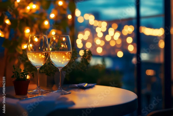 Fototapeta A romantic candlelit dinner table setting with two glasses of white wine.