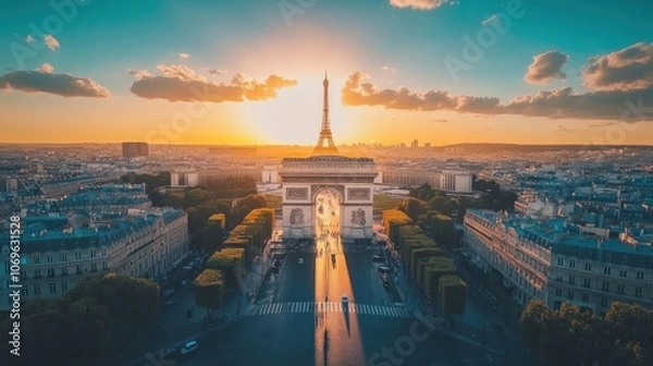 Fototapeta A stunning sunset view over Paris, featuring the Eiffel Tower and the Arc de Triomphe.