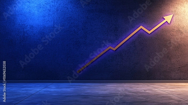 Fototapeta modern office space featuring blue and purple gradient wall with rising graph line, symbolizing growth and success. clean design evokes sense of professionalism and innovation