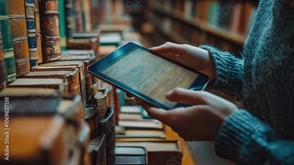 Obraz Hand placing a tablet PC among library shelves, representing the integration of digital and physical learning.