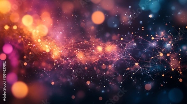 Fototapeta Abstract colorful background with glowing lights and network connections.