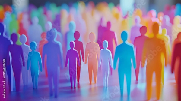 Fototapeta Colorful silhouettes of people create an abstract representation of crowd, showcasing diversity and unity. vibrant hues evoke sense of energy and connection among individuals