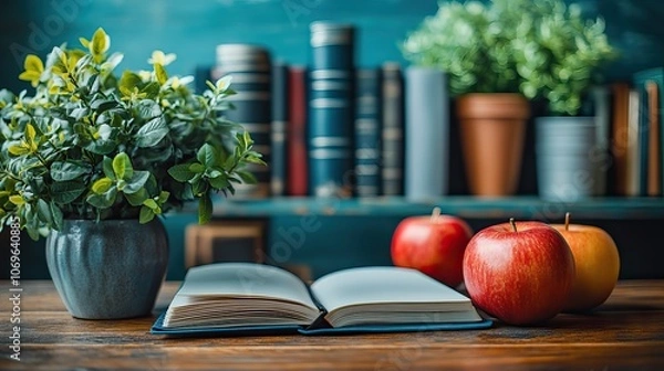 Obraz Minimalist online education concept with a notebook and learning app displayed on a blue background.