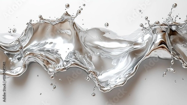 Obraz Realistic 3D rendering of liquid metal drops, creating artistic chrome paint splashes on a transparent background.