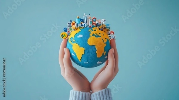 Fototapeta A hand holding a globe with buildings on it