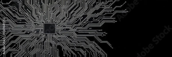 Obraz An intricate network of interconnected circuitry patterns resembling a computer motherboard against a dark background, business, computer