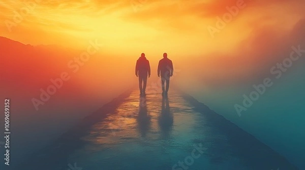 Obraz Two men take surreal paths in different directions, symbolizing divergence in life.