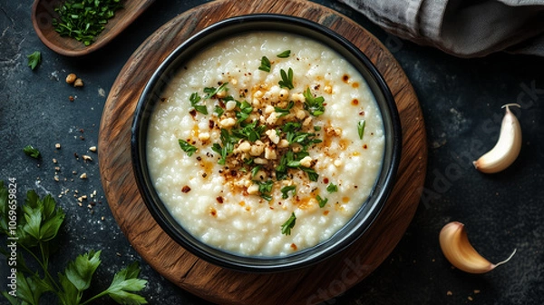 Fototapeta Creamy congee topped with nuts, herbs, and spices served in a black bowl